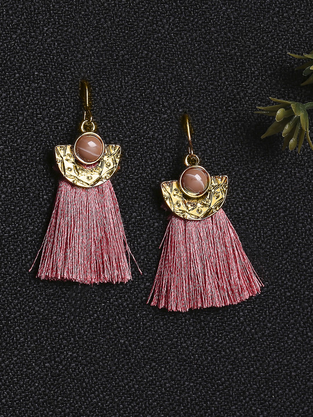Gold tonned onion pink tassel dangler earring