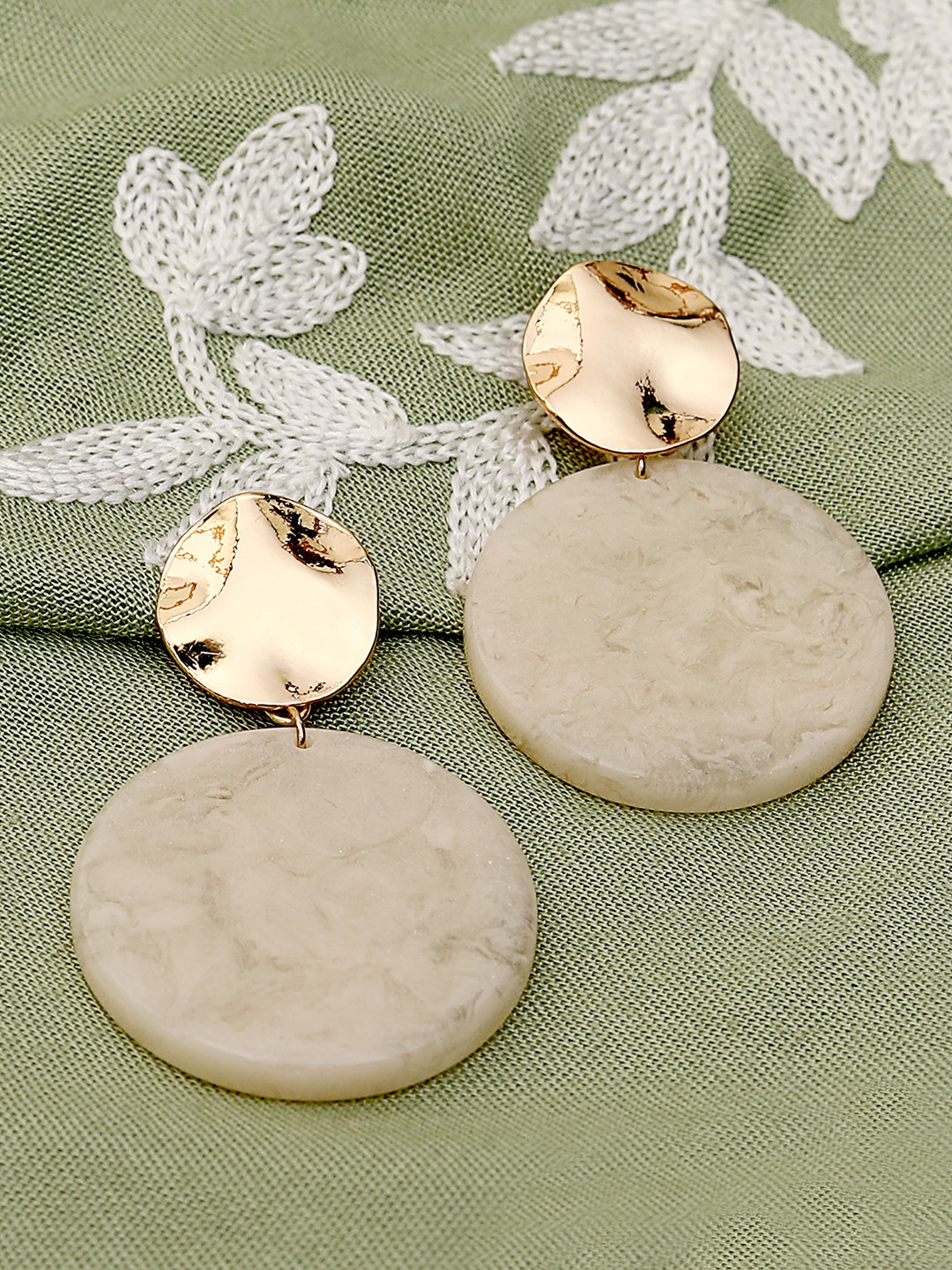 Gold tonned White marbled circular danglers