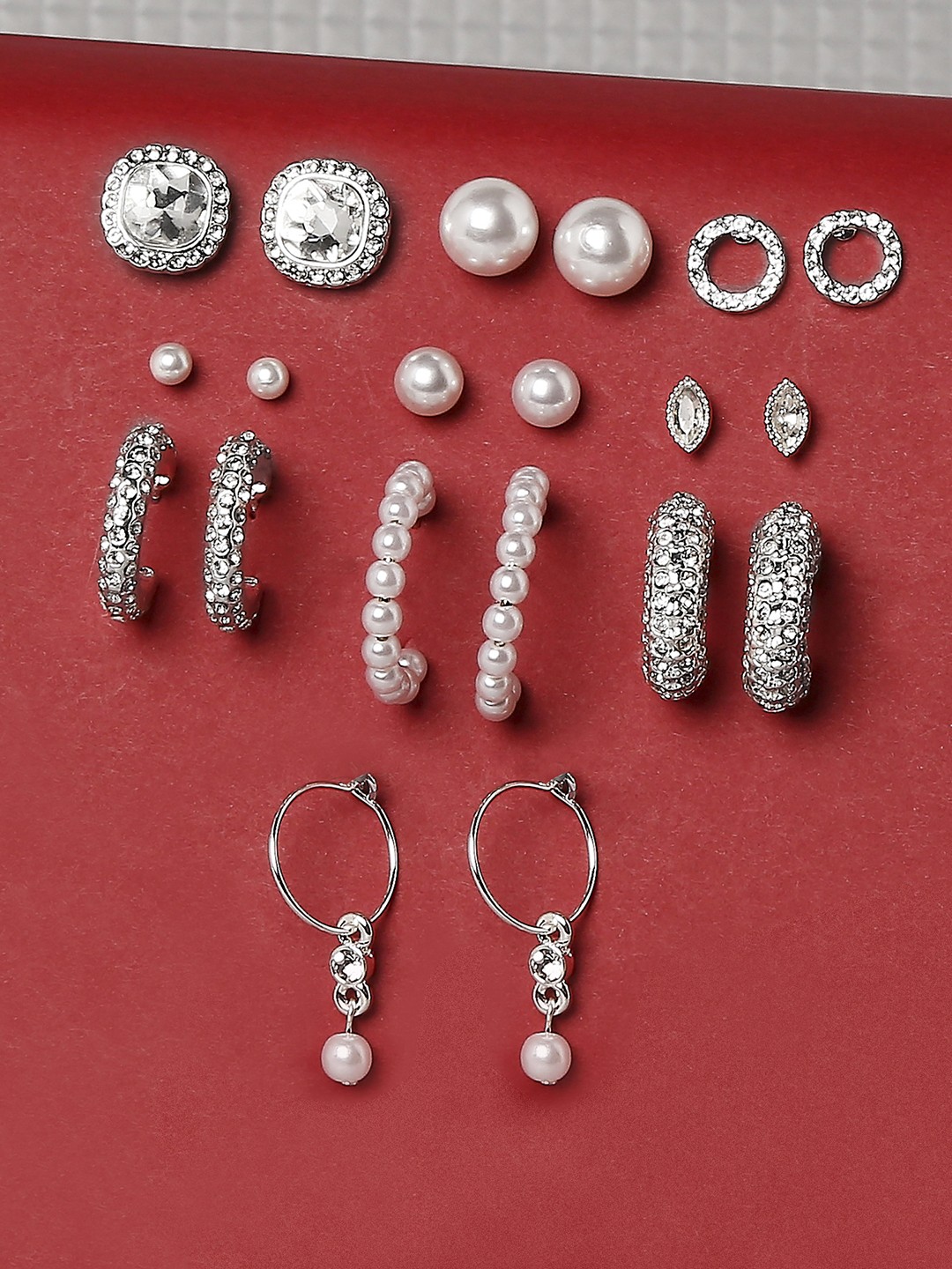 Pack of 10 pearl and crystal stone encrusted silver plated earrings 6 studs, 2 hoops and 2 balis
