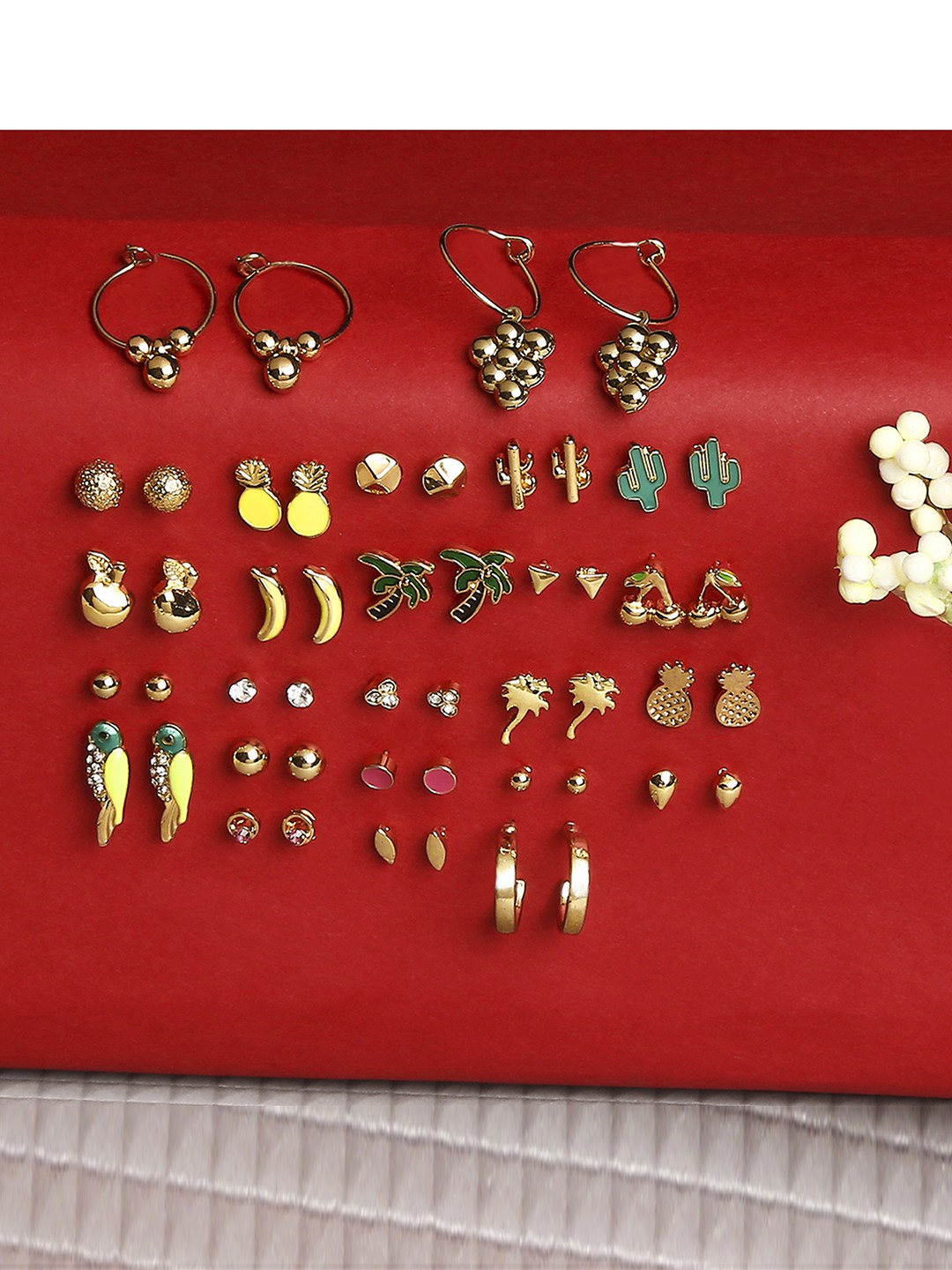 Gold plated Set of 25 earrings, 22 stud and 2 bali 1 mini hoop tropical theme pack