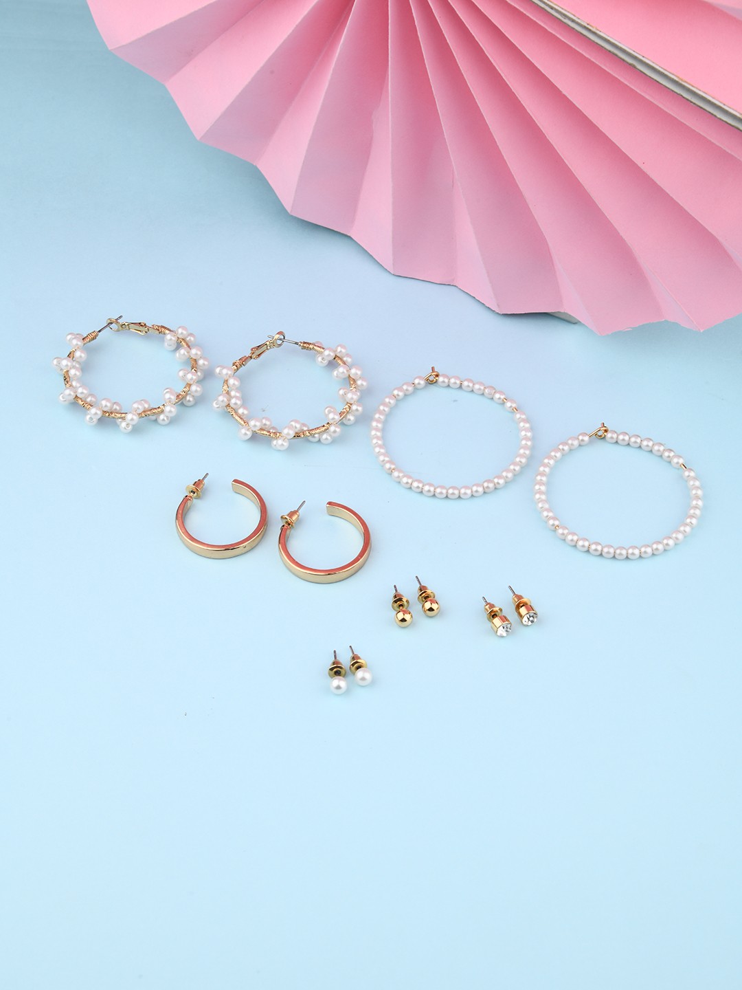 Gold toned set of 3 stud and 3 pearl beaded hoop pack