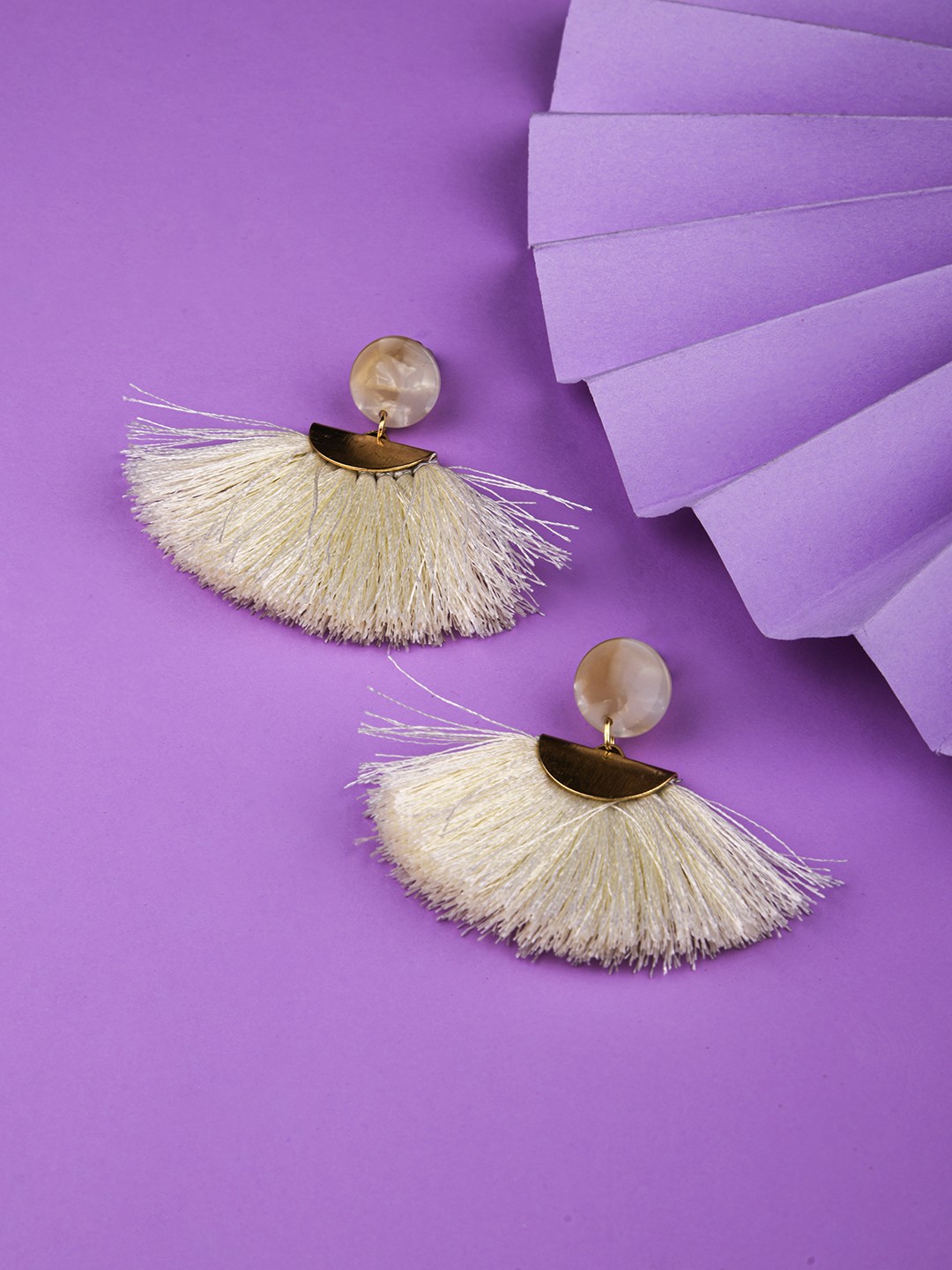 white tassel drop earrings with acetate stud