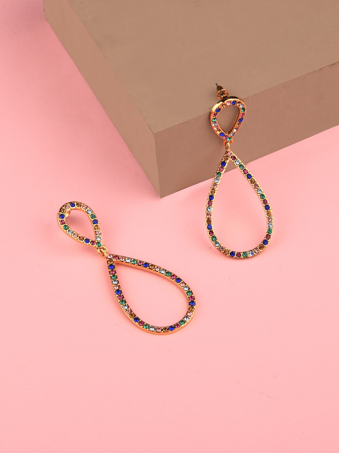 Gold toned multi stoned drop shaped dangler earrings