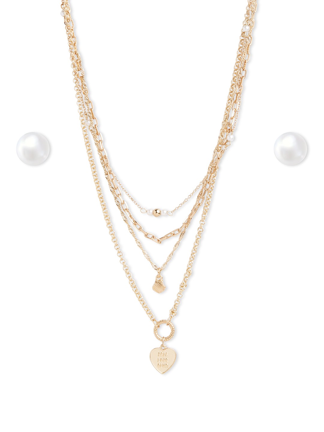 Gold plated 4 layered necklace with self love heart charm and pearl studs