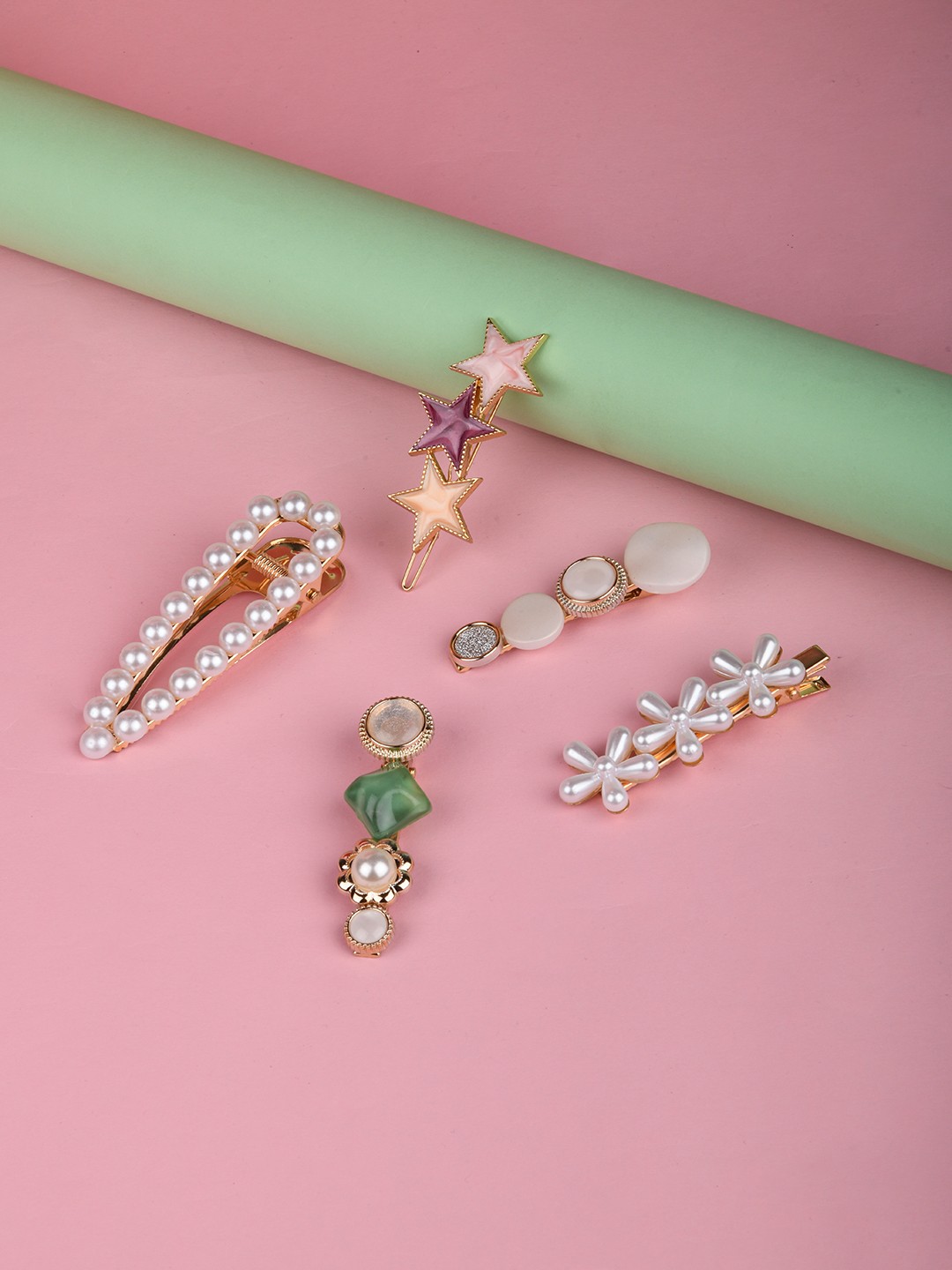 Pack of 5 enameled Star and pearl aligator clip set