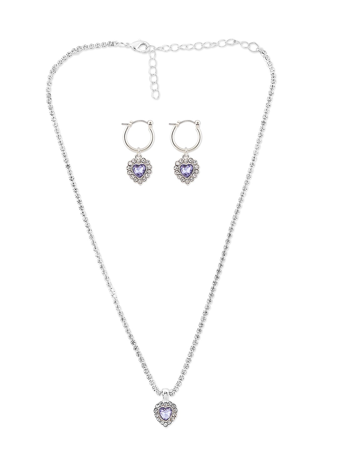 Silver toned cup chain neckalce with crystal studded purple heart charm and crystal bali earrings