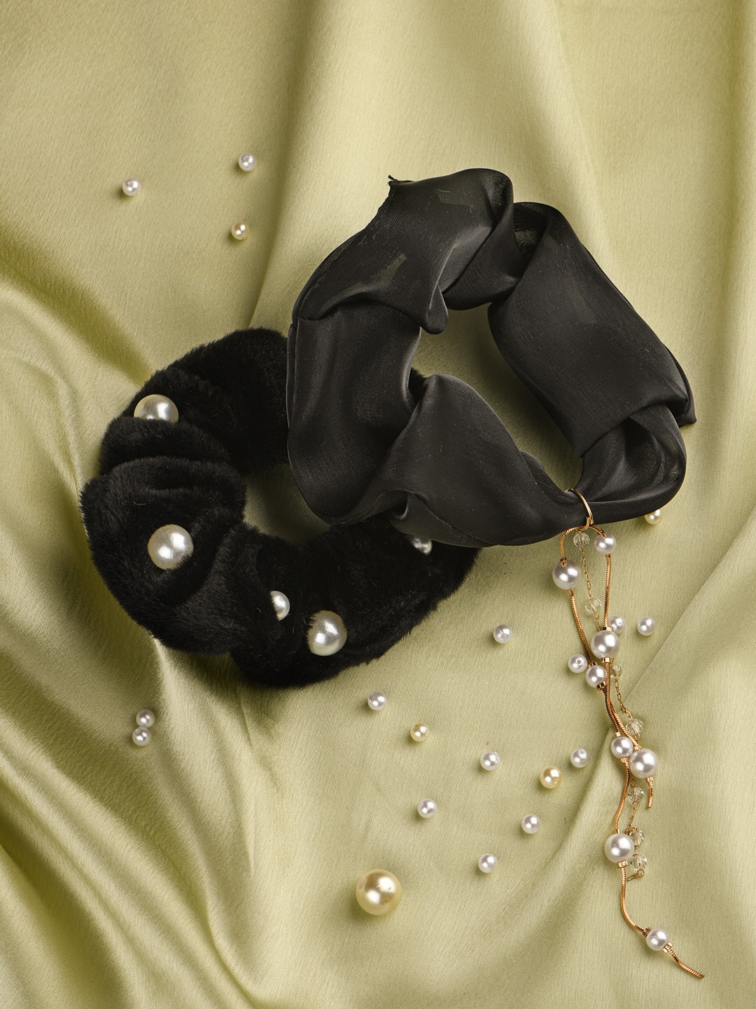 Organza and faux fur pearl embelished scrunchies (black)