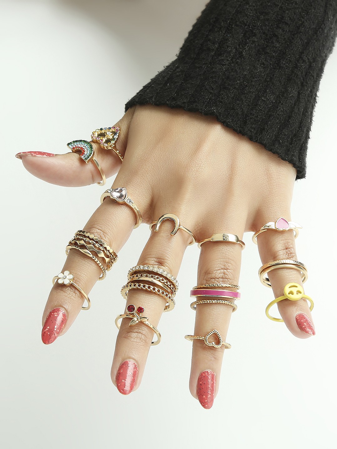 Set of 25 gold toned crystal and enameled happy summer rings pack