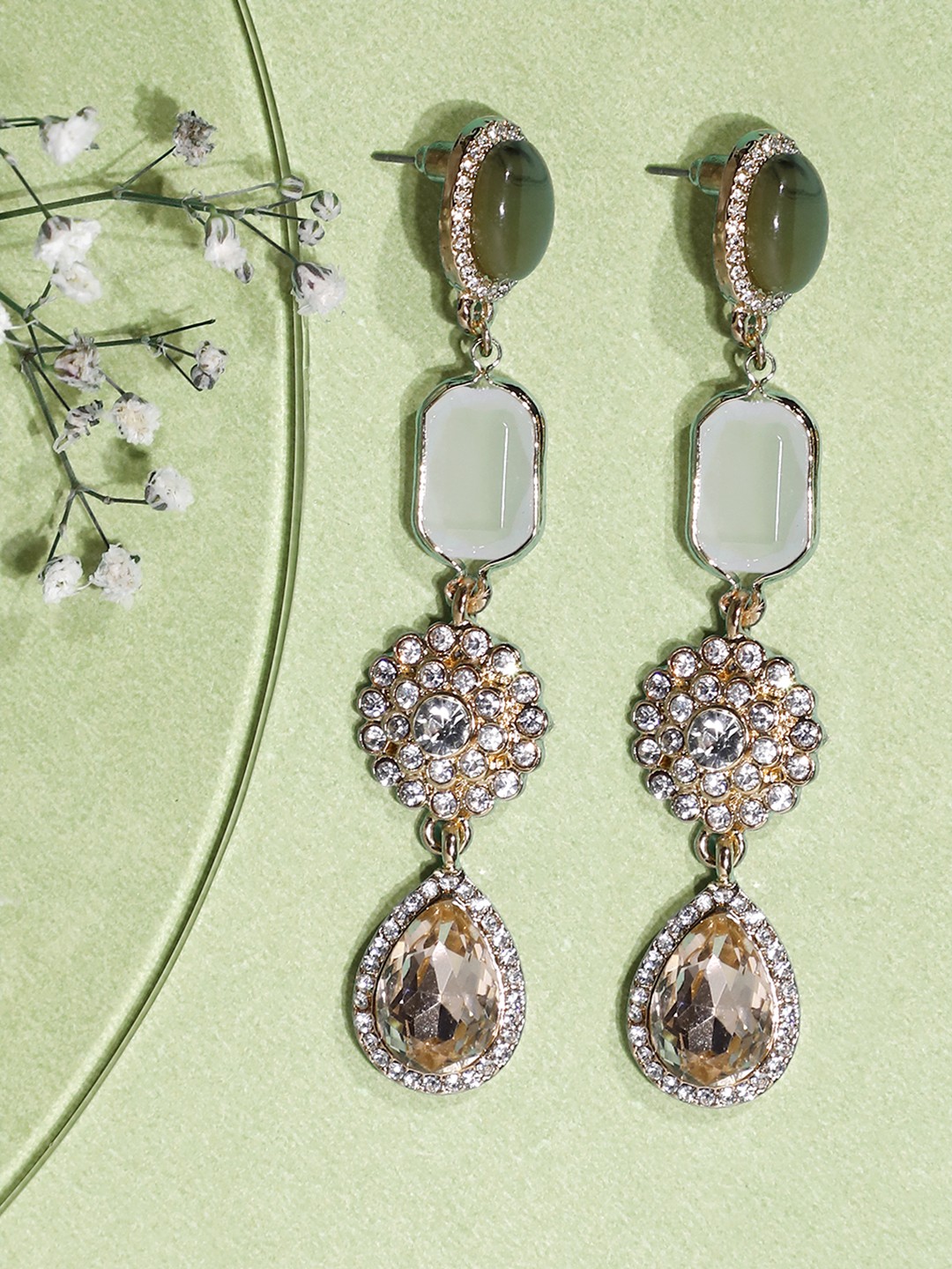 Crystal and rose quartz encrusted dangler earrings
