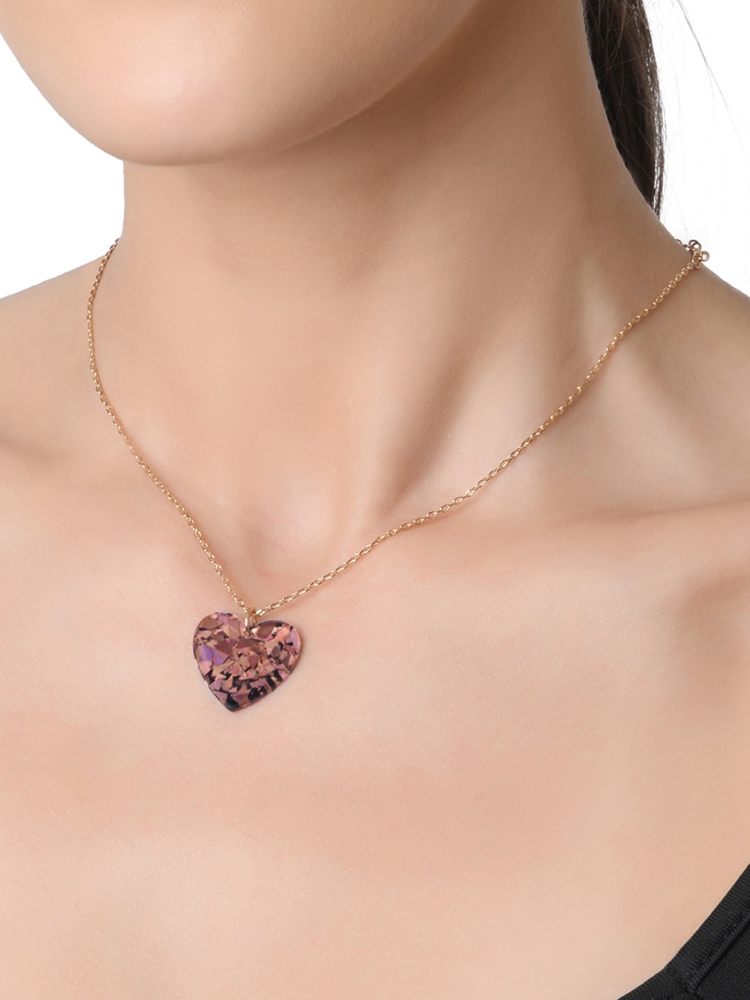 Gold toned chain with black and pink acetate heart  pendant