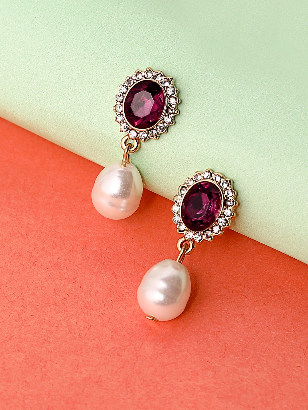 Gold tonned Ruby & diamante  dangler earring with pearl drops