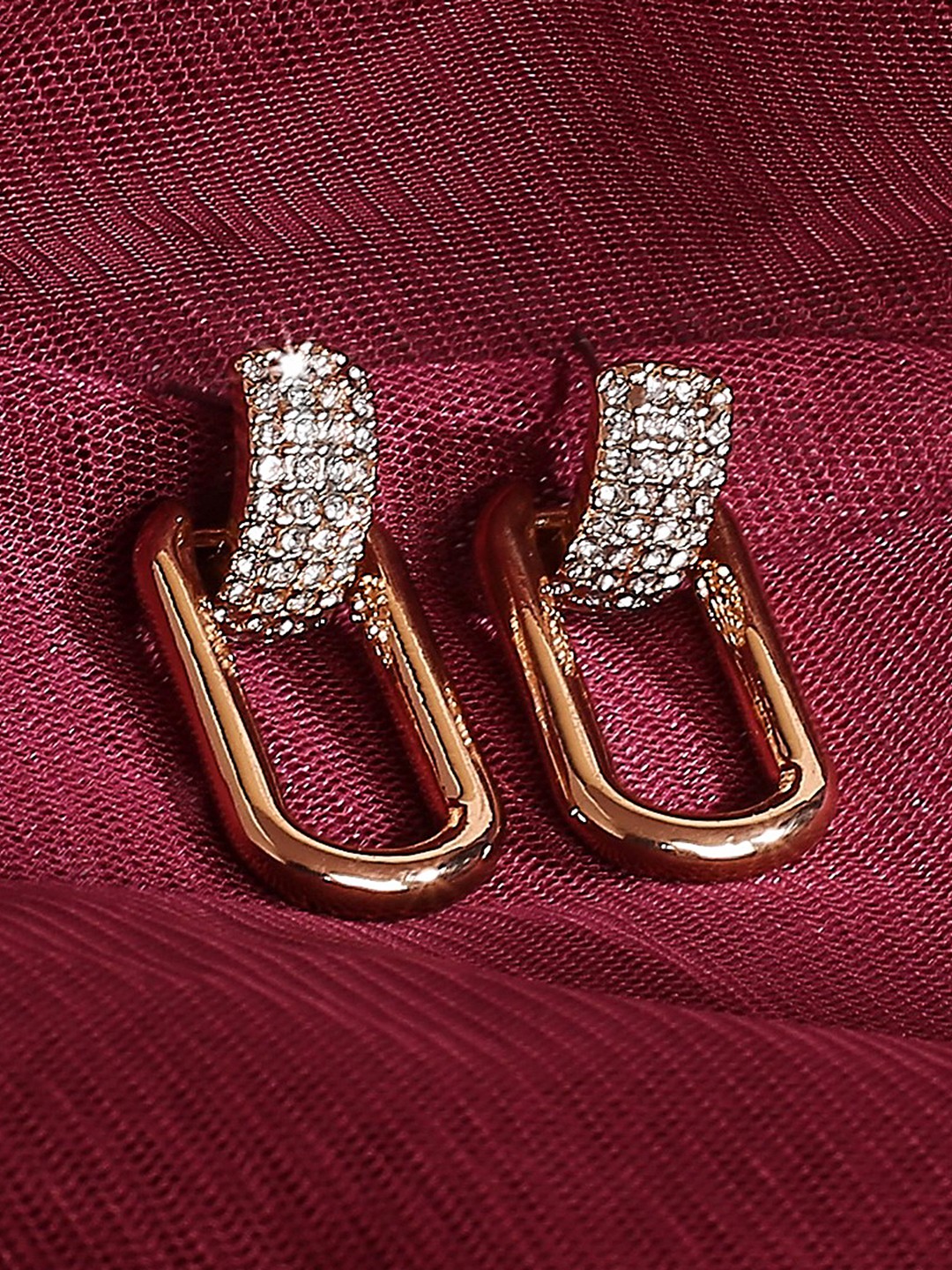 Gold toned crystals studded contemporary drop earrings