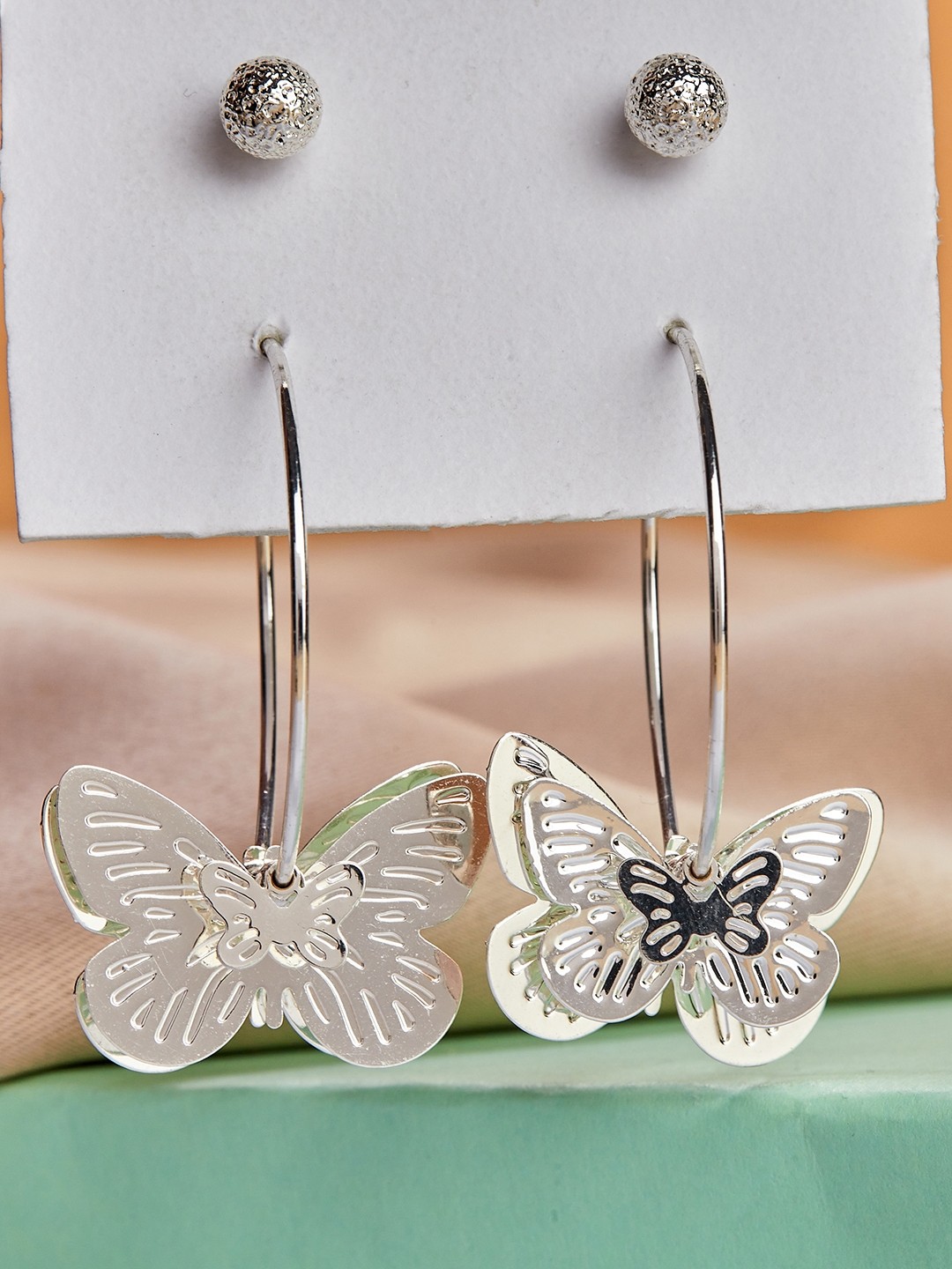 Set of 2 Silver statement butterfly hoop with stud