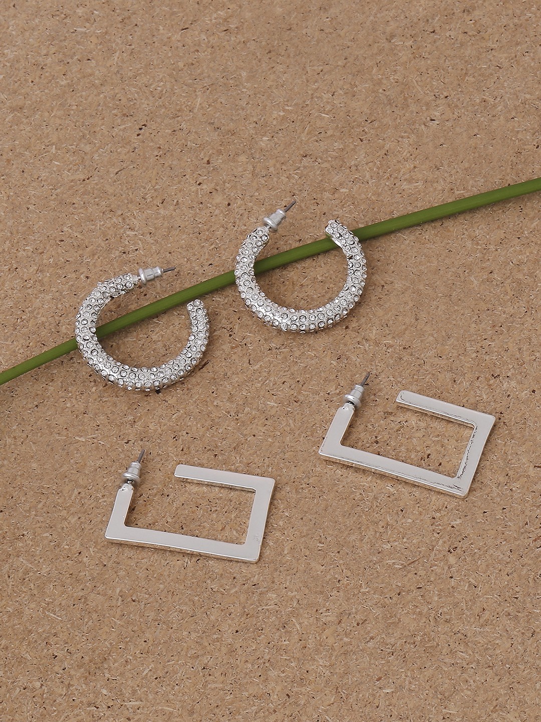 Set of 2 Silver toned crystal hoop earrings