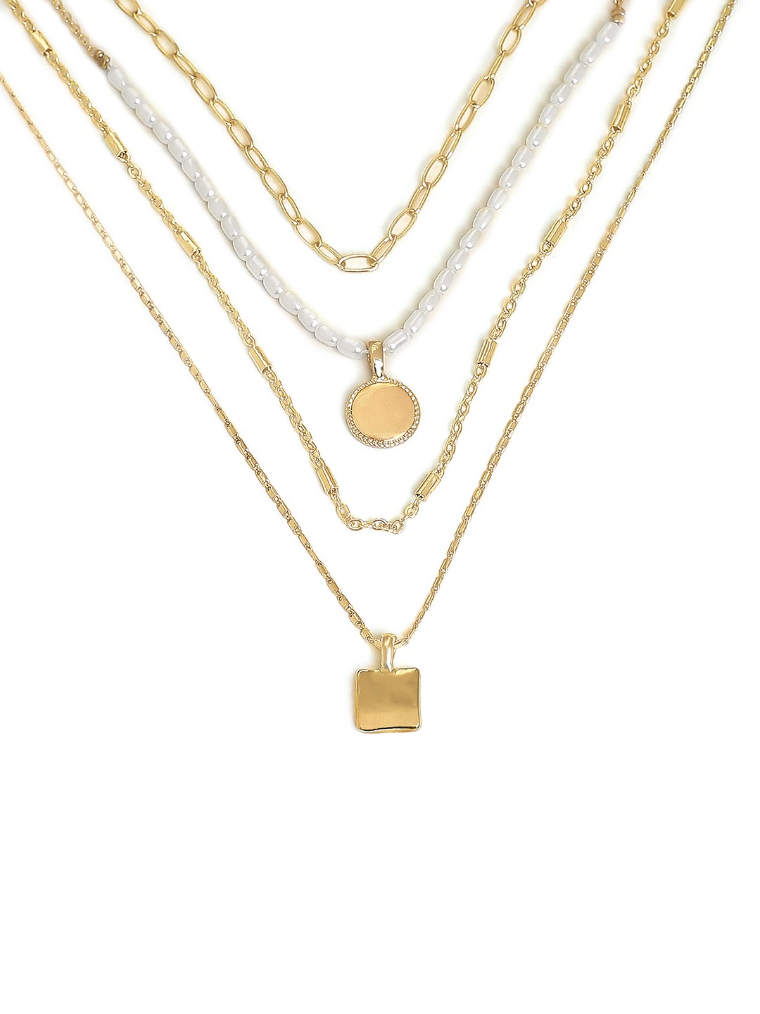 Gold toned 5 layered necklace with geometric pendants and pearls