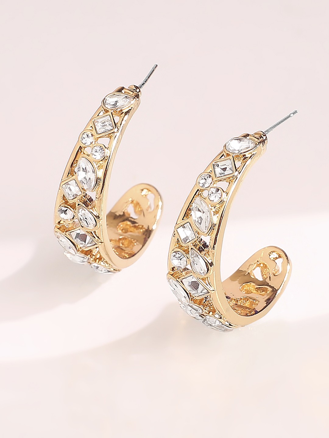 Gold toned crystal studded statement half hoop earrings